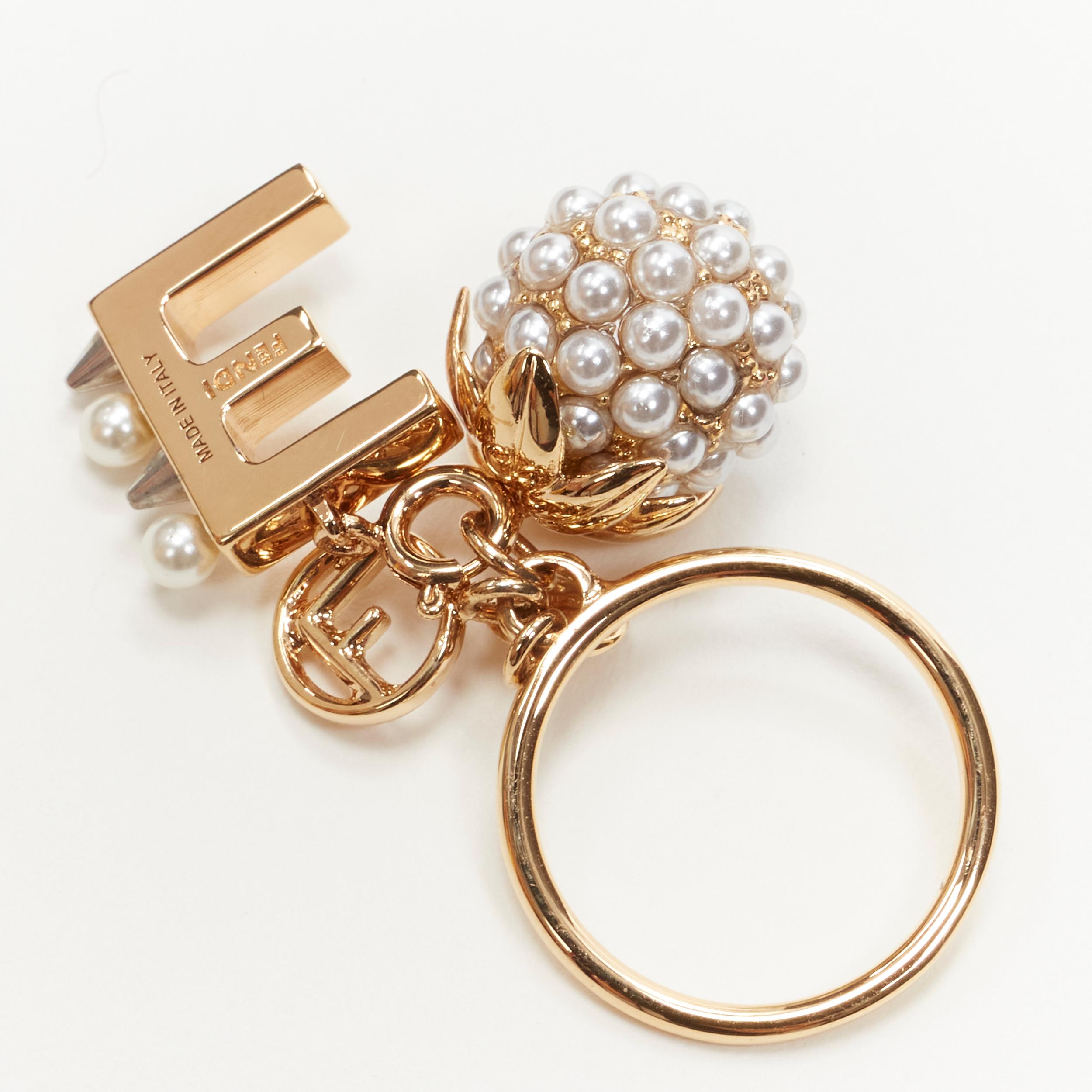 Women's FENDI gold tone E alphabet pearl spike embellished berry charm ring