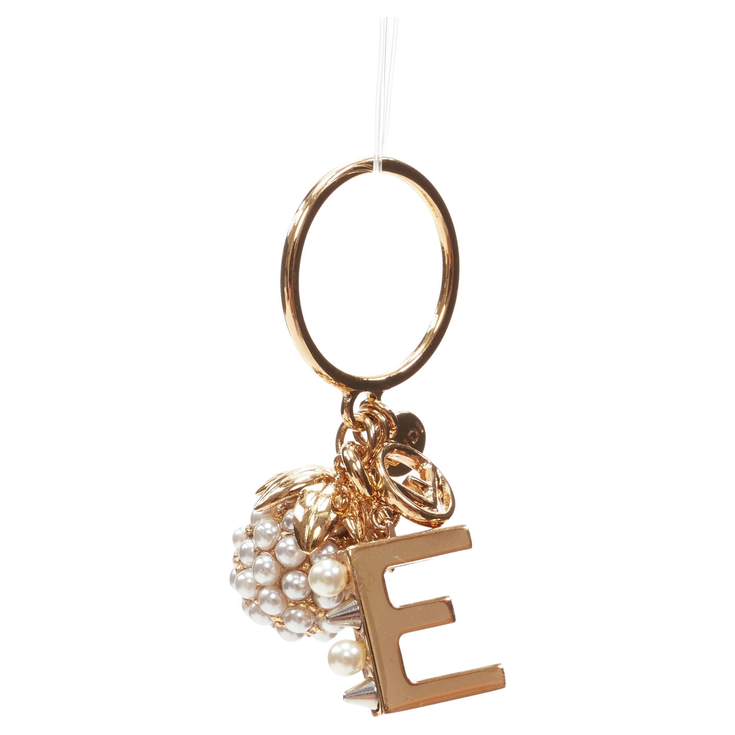FENDI gold tone E alphabet pearl spike embellished berry charm ring For Sale