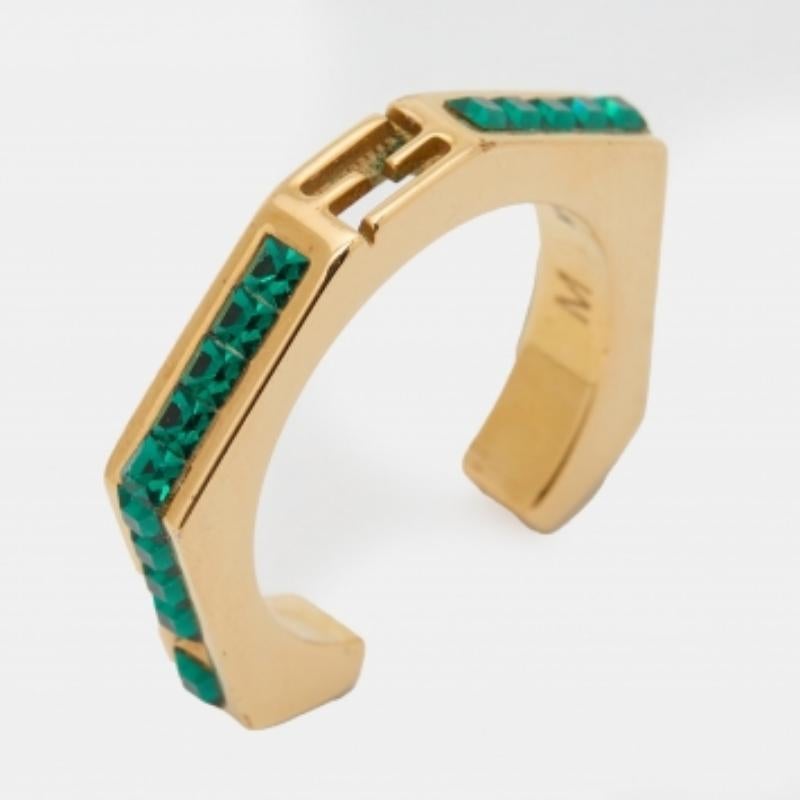 Fendi Gold Tone & Green Crystal Studded Baguette Ring Size 54 In Fair Condition For Sale In Dubai, Al Qouz 2