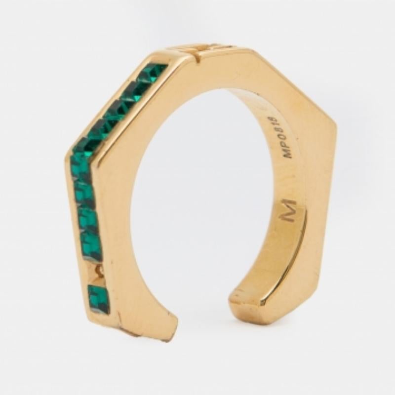 Women's Fendi Gold Tone & Green Crystal Studded Baguette Ring Size 54 For Sale