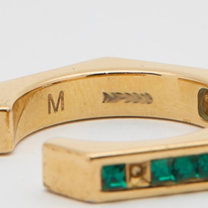 Fendi Gold Tone & Green Crystal Studded Baguette Ring Size 54 For Sale 1