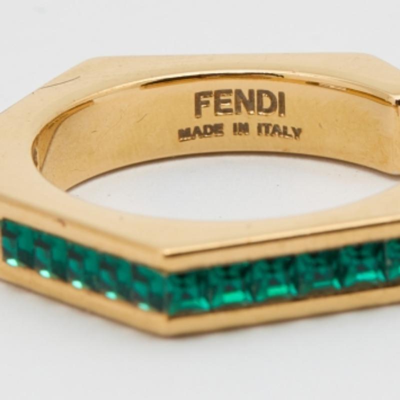 Fendi Gold Tone & Green Crystal Studded Baguette Ring Size 54 For Sale 2