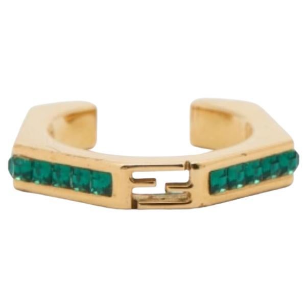 Fendi Gold Tone & Green Crystal Studded Baguette Ring Size 54 For Sale
