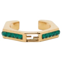 Fendi Gold Tone & Green Crystal Studded Baguette Ring Size 54