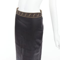 FENDI Gonna khaki FF monogram waist black lamb leather pencil skirt IT44 L