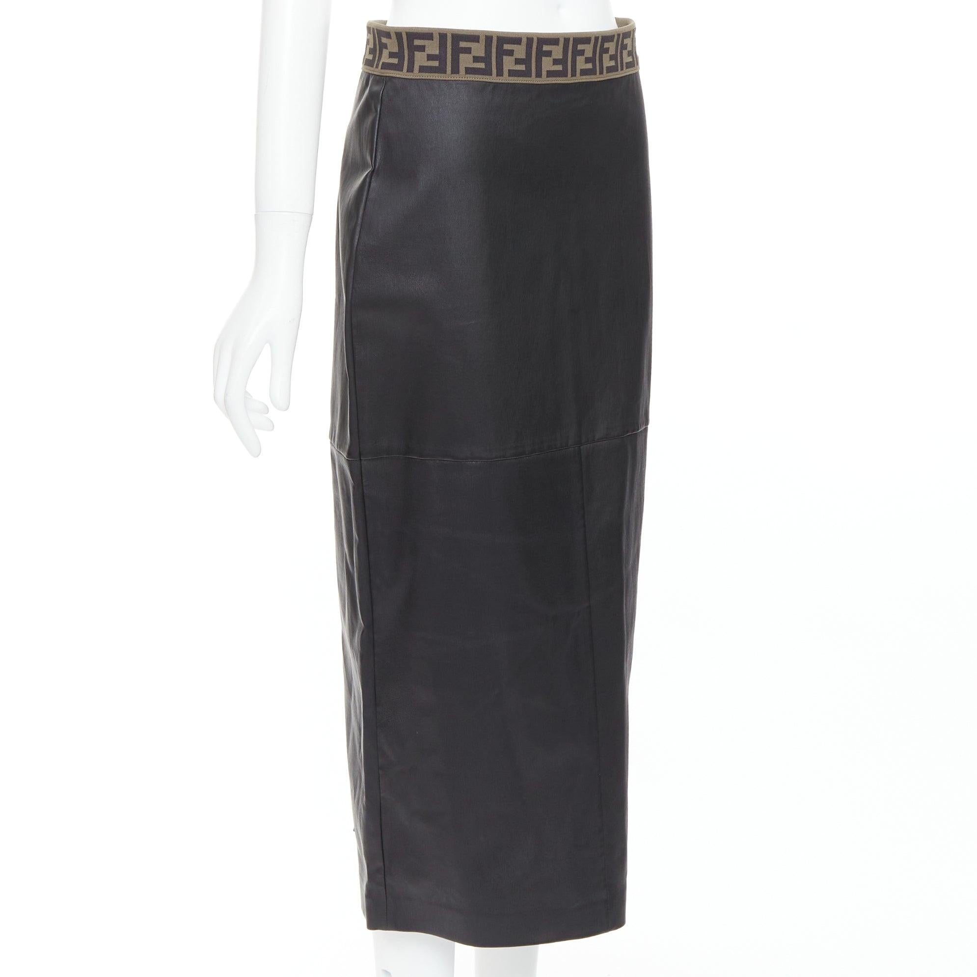 Black FENDI Gonna khaki FF monogram waist black lamb leather pencil skirt IT44 L For Sale