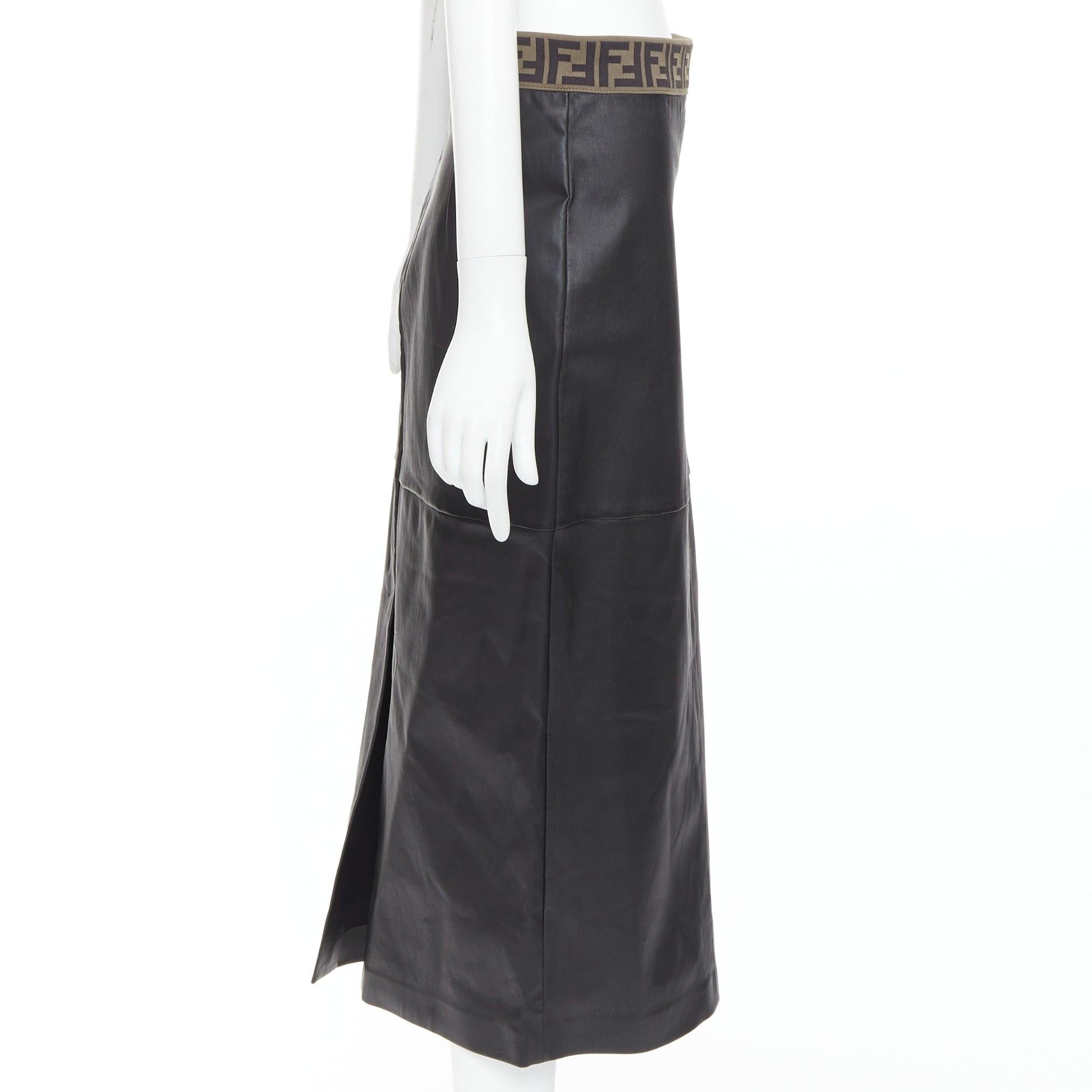 FENDI Gonna khaki FF monogram waist black lamb leather pencil skirt IT44 L In New Condition For Sale In Hong Kong, NT