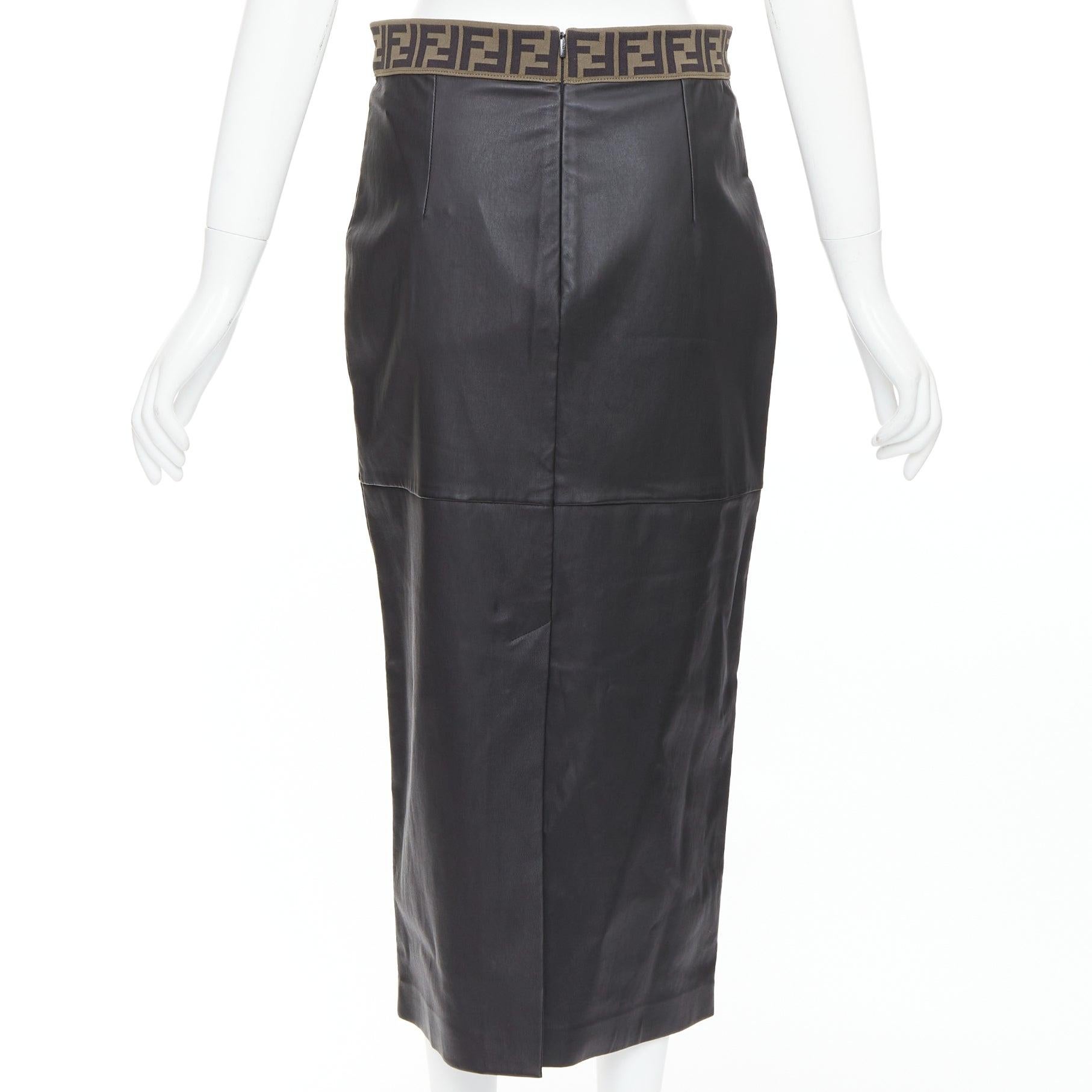 Women's FENDI Gonna khaki FF monogram waist black lamb leather pencil skirt IT44 L For Sale