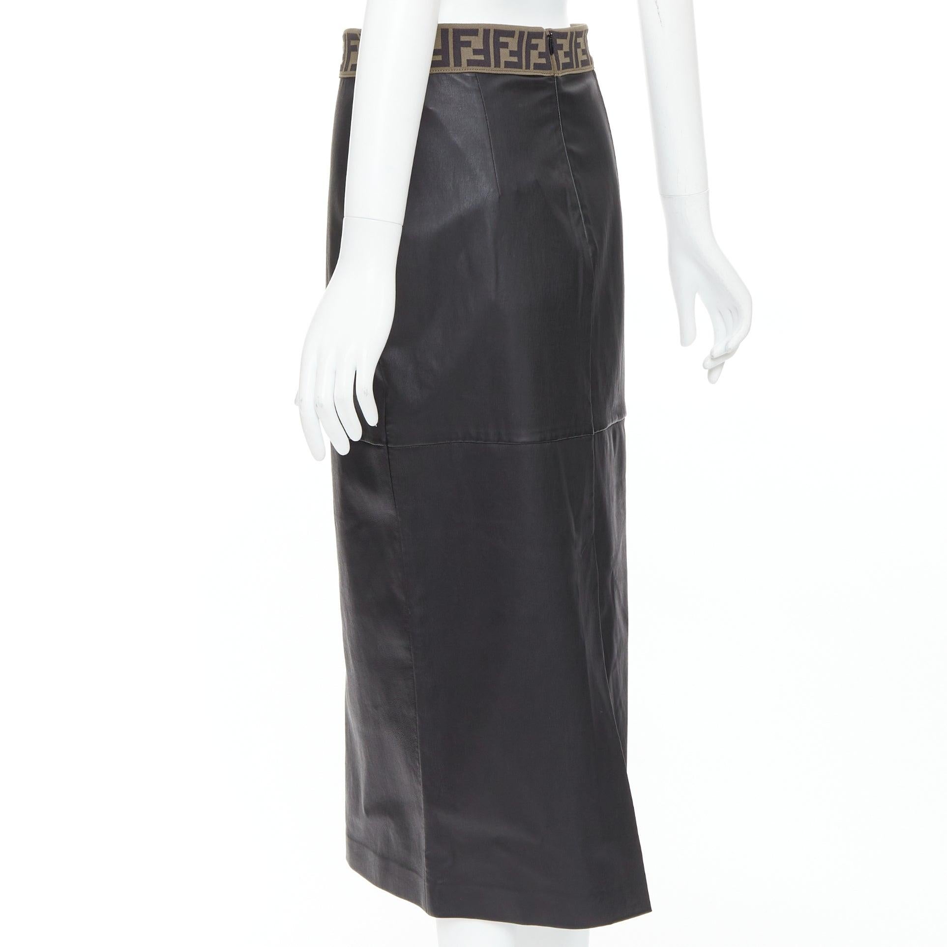 FENDI Gonna khaki FF monogram waist black lamb leather pencil skirt IT44 L For Sale 1