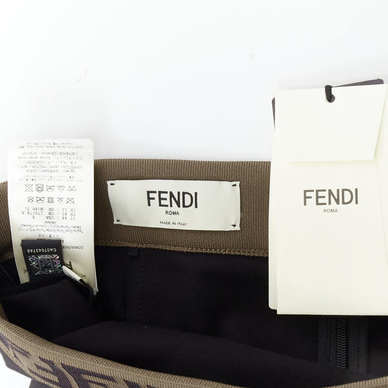 FENDI Gonna khaki FF monogram waist black lamb leather pencil skirt IT44 L For Sale 3