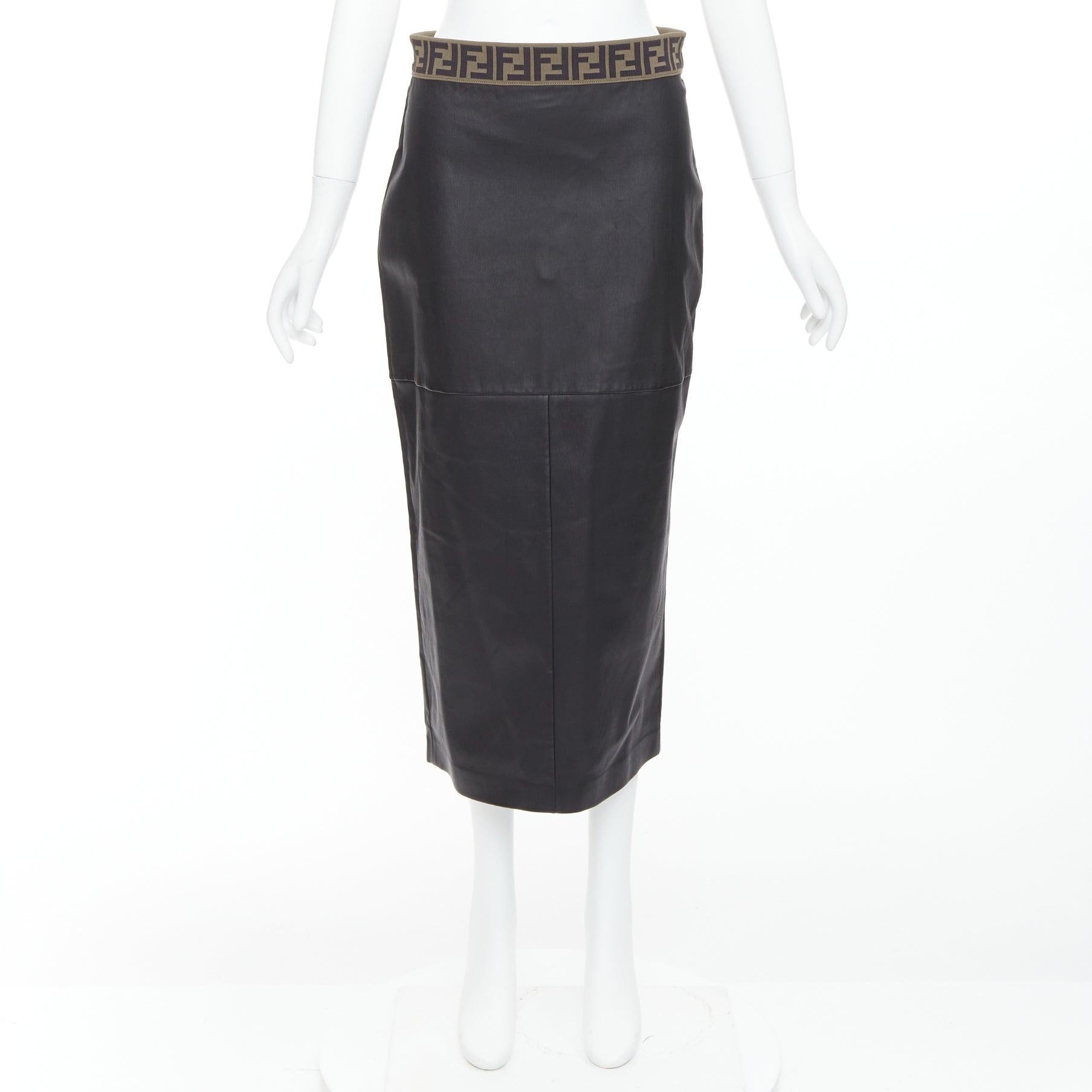 FENDI Gonna khaki FF monogram waist black lamb leather pencil skirt IT44 L For Sale 4