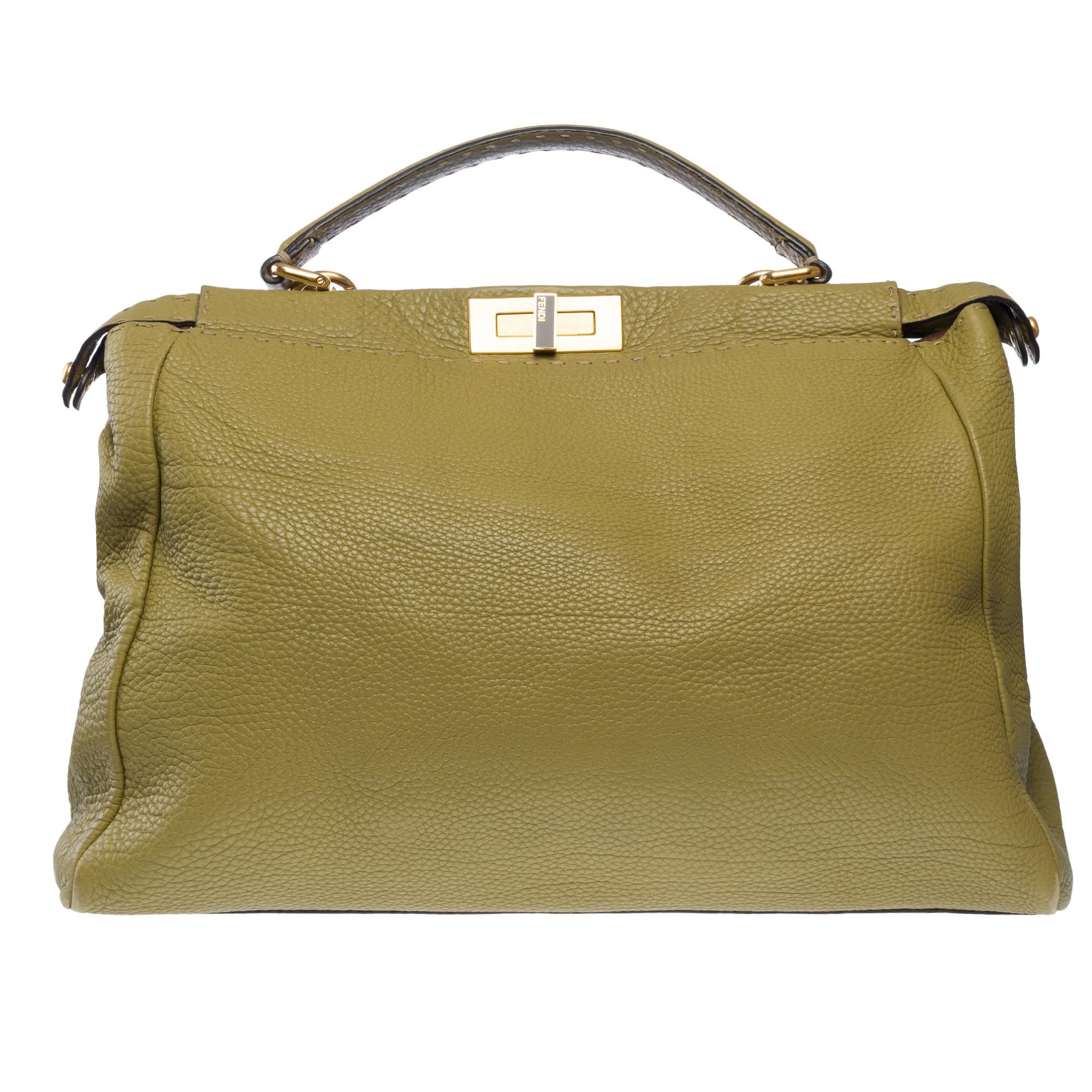 Brown Fendi Grand Modele Peekaboo handbag strap in Olive Green calf leather, GHW For Sale