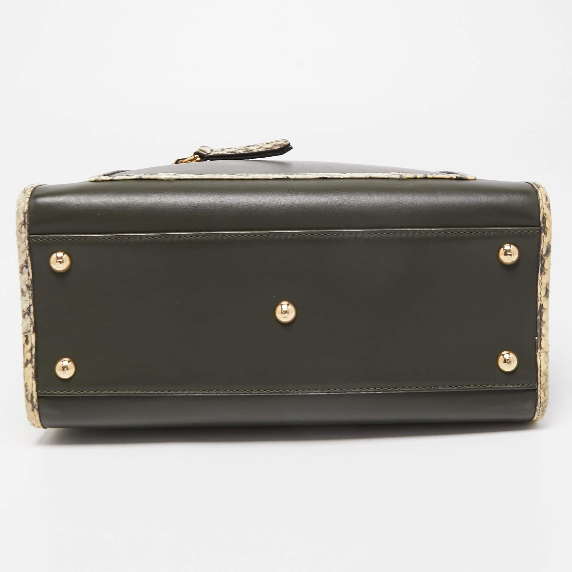 Fendi Green/Beige Leather and Watersnake Trim Small Runaway Top Handle Bag 7