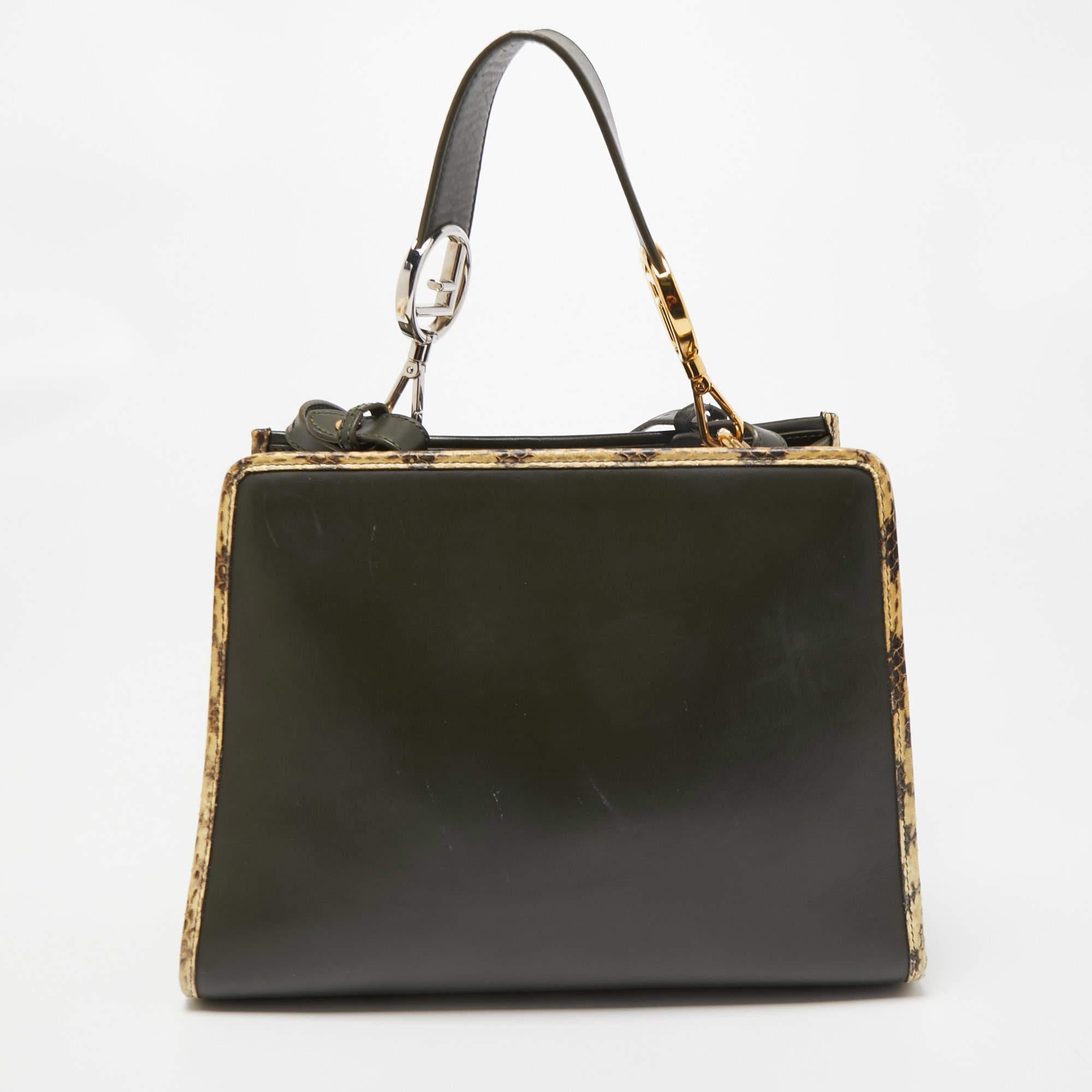 Fendi Green/Beige Leather and Watersnake Trim Small Runaway Top Handle Bag 8