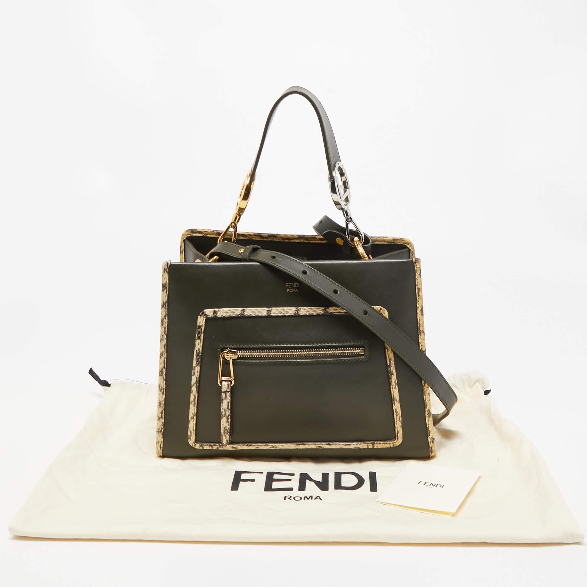 Fendi Green/Beige Leather and Watersnake Trim Small Runaway Top Handle Bag 10