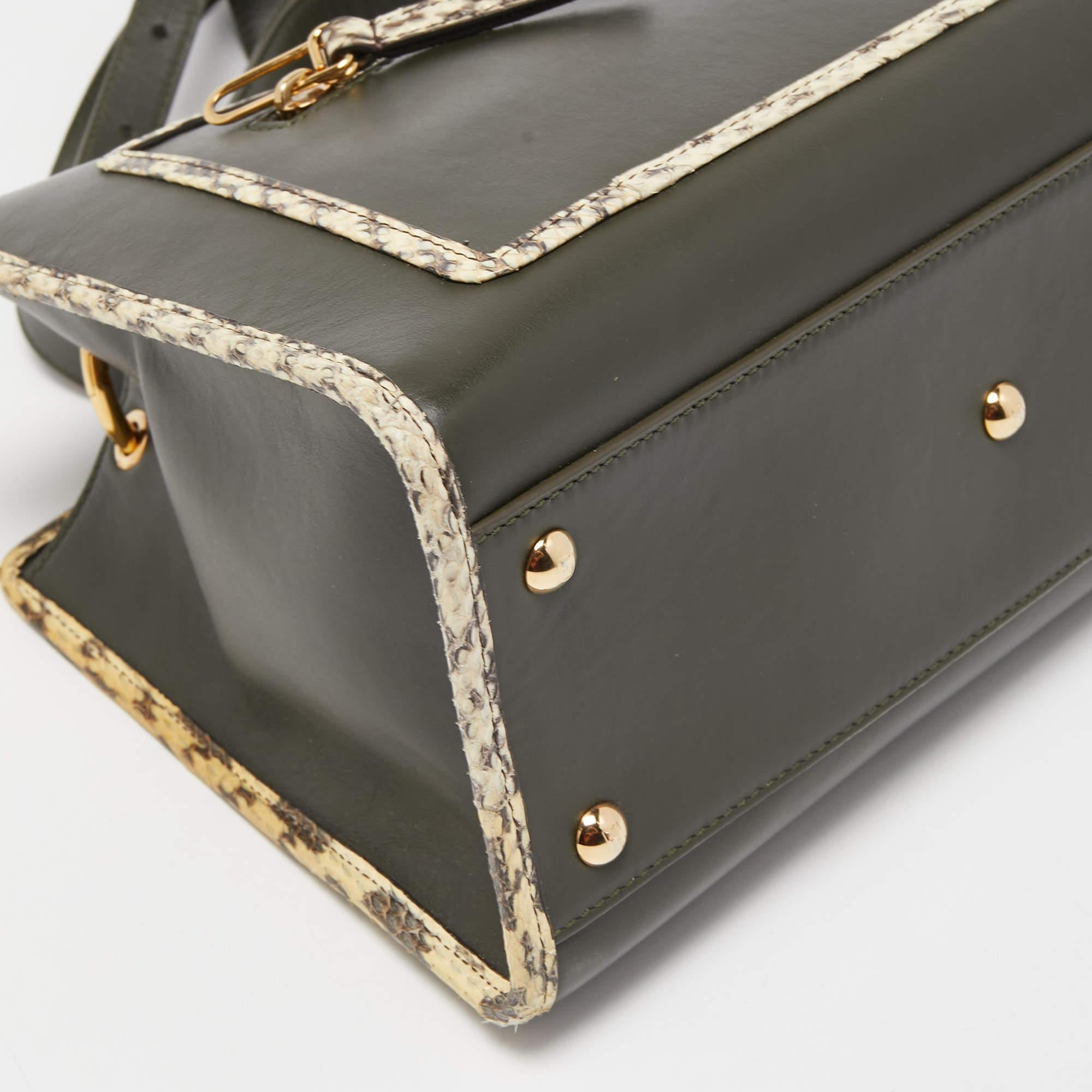 Fendi Green/Beige Leather and Watersnake Trim Small Runaway Top Handle Bag 1