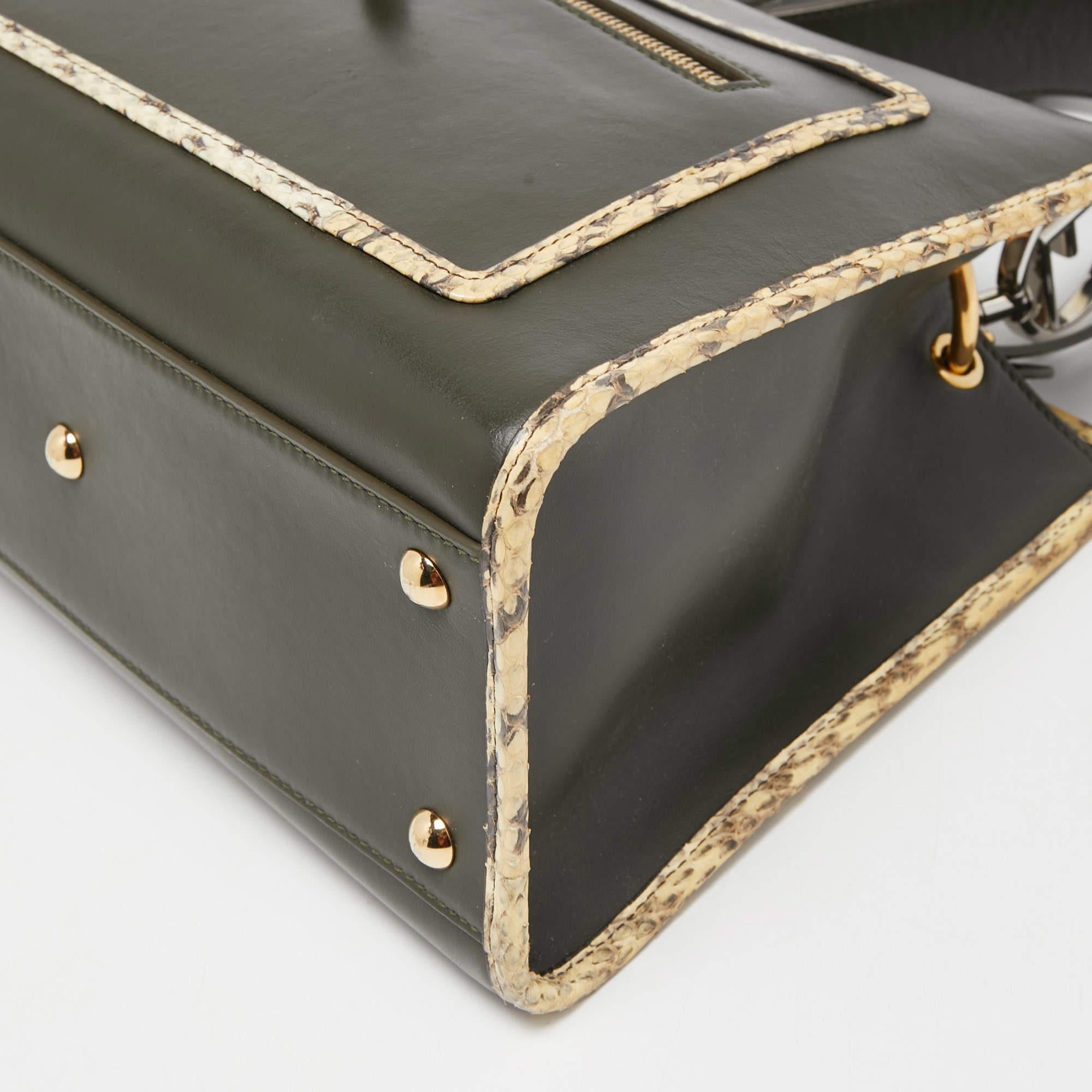 Fendi Green/Beige Leather and Watersnake Trim Small Runaway Top Handle Bag 2