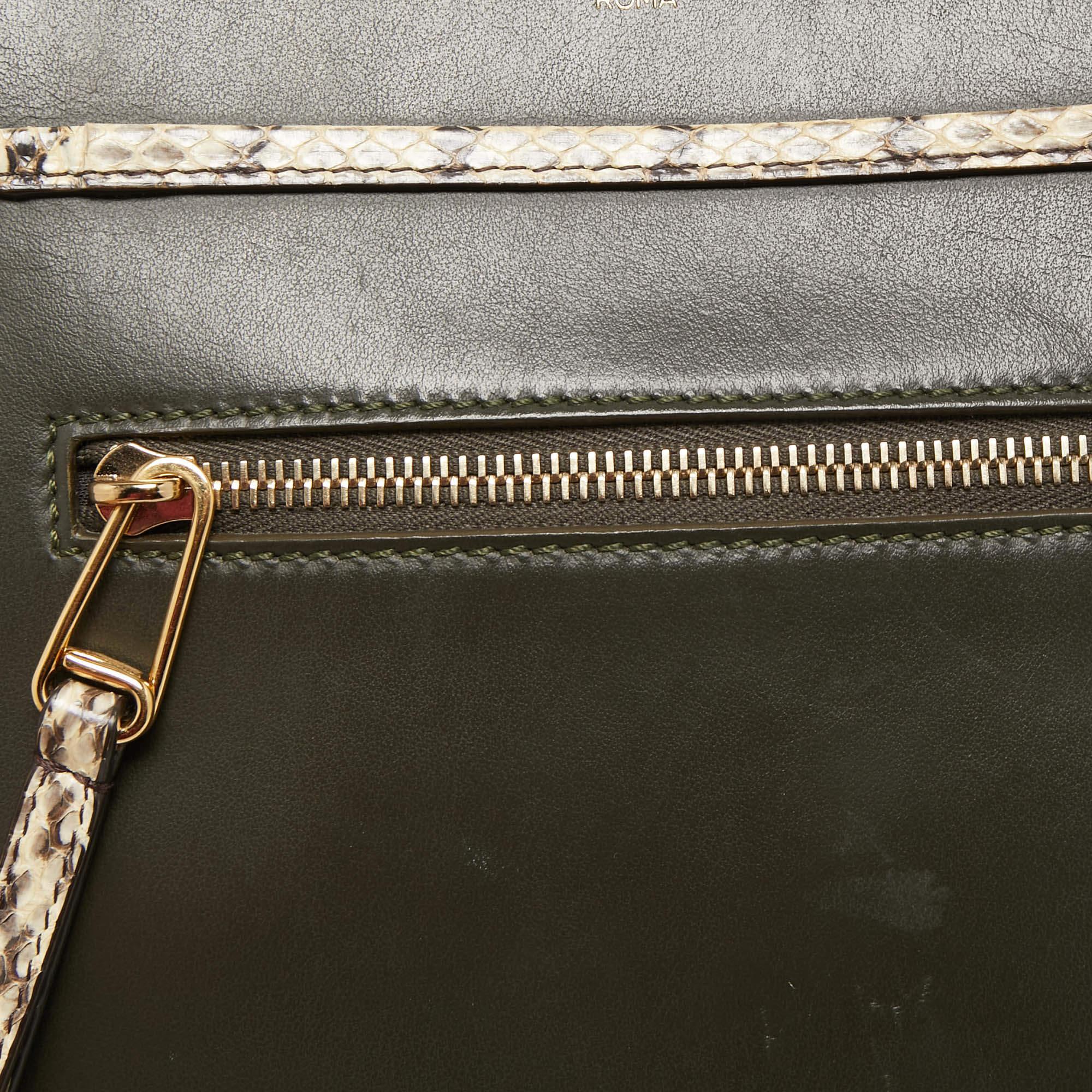 Fendi Green/Beige Leather and Watersnake Trim Small Runaway Top Handle Bag 3