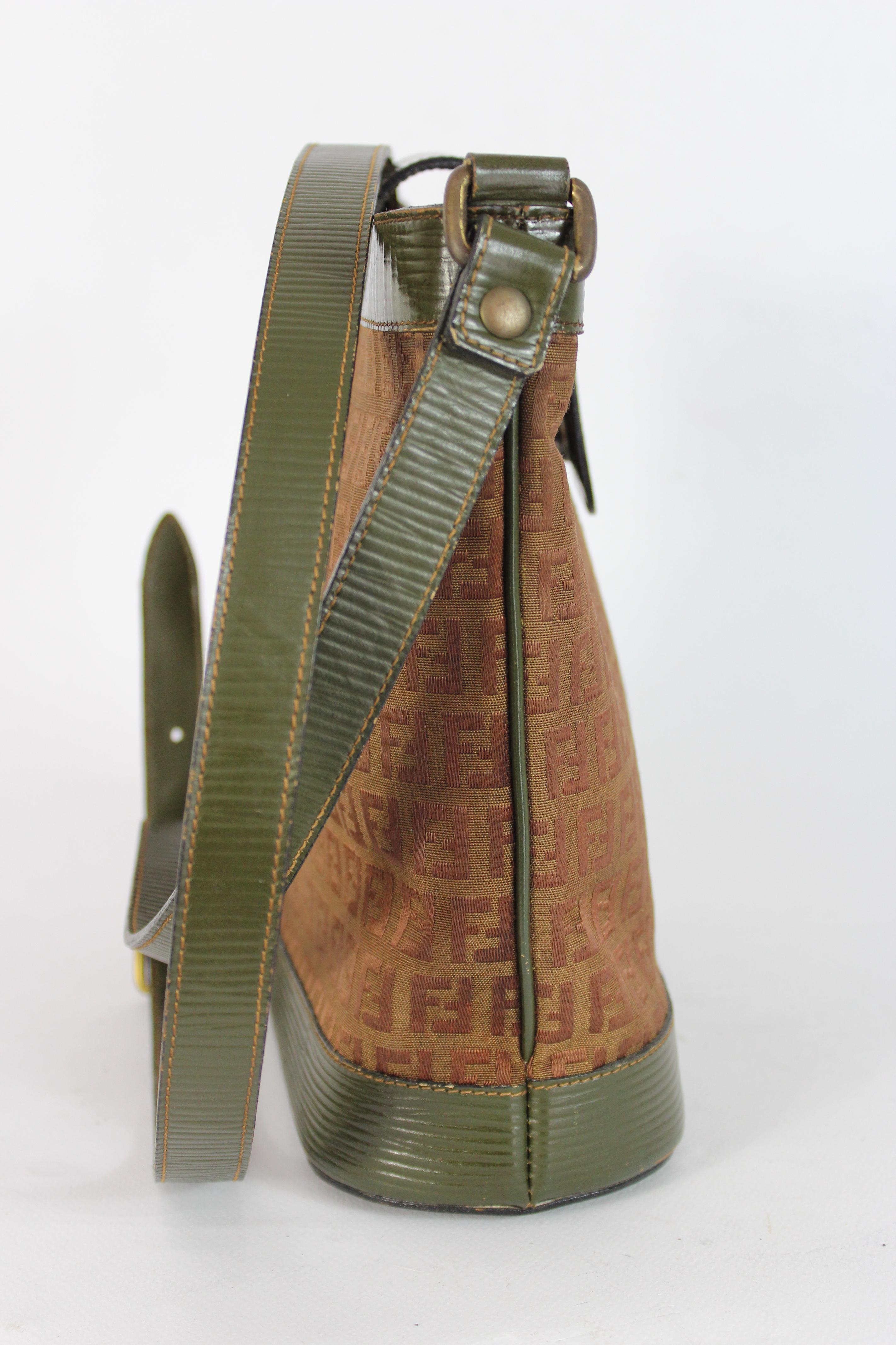 Brown Fendi Green Beige Leather Canvas Monogram Zucca Bucket Bag 1980s 