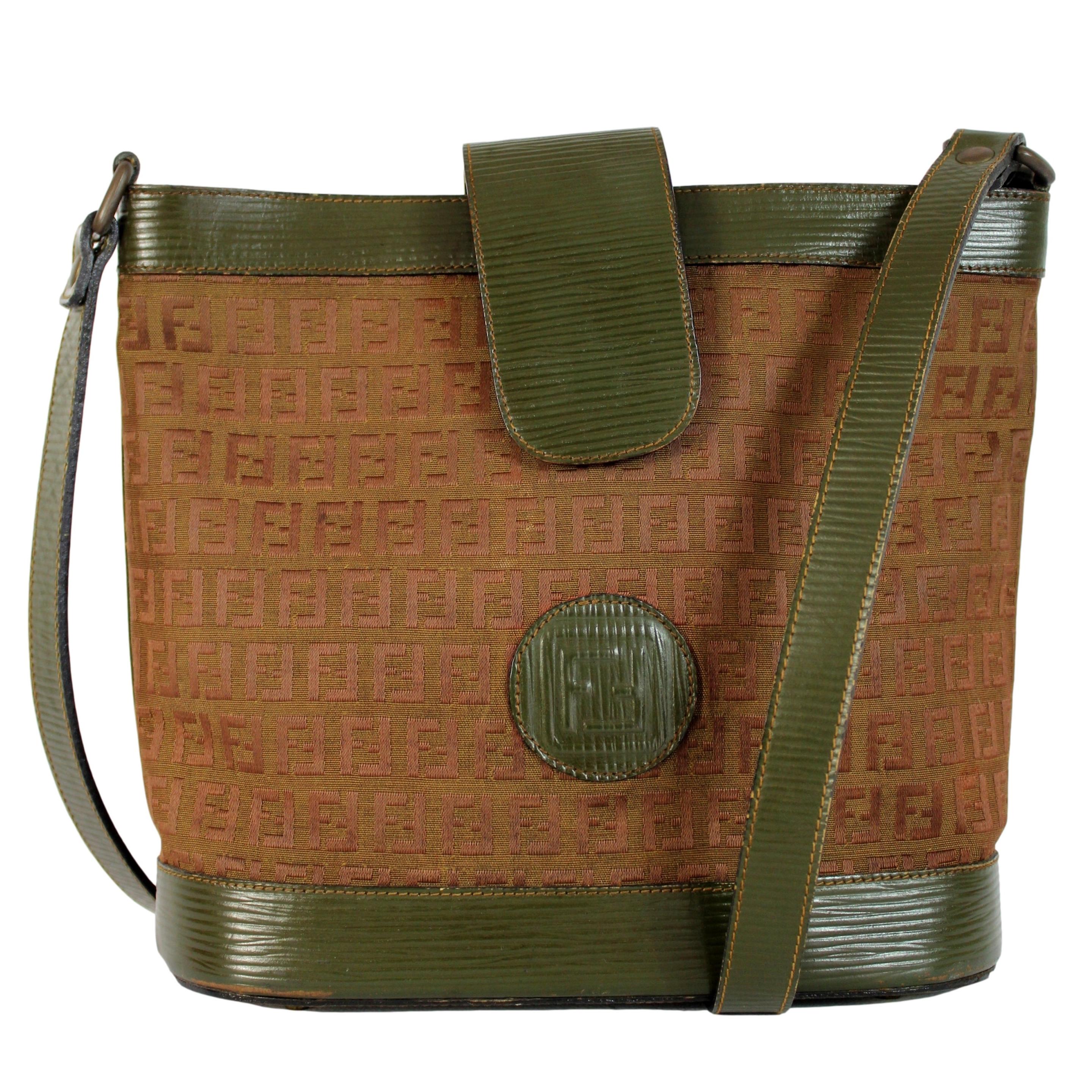 Fendi Green Beige Leather Canvas Monogram Zucca Bucket Bag 1980s 