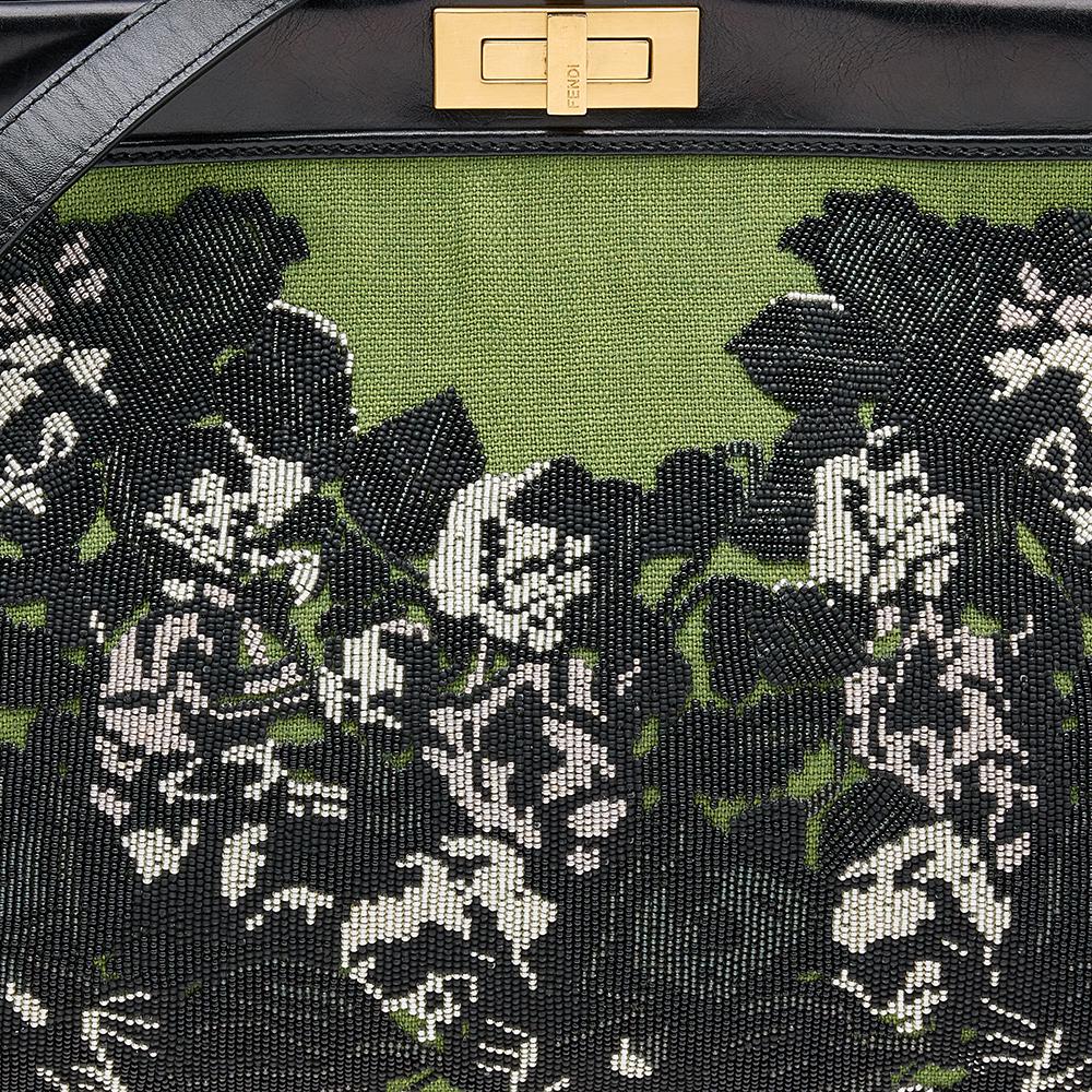 Fendi Green/Black Canvas and Leather Beaded Large Peekaboo Top Handle Bag 6