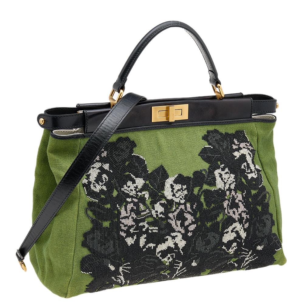 Women's Fendi Green/Black Canvas and Leather Beaded Large Peekaboo Top Handle Bag