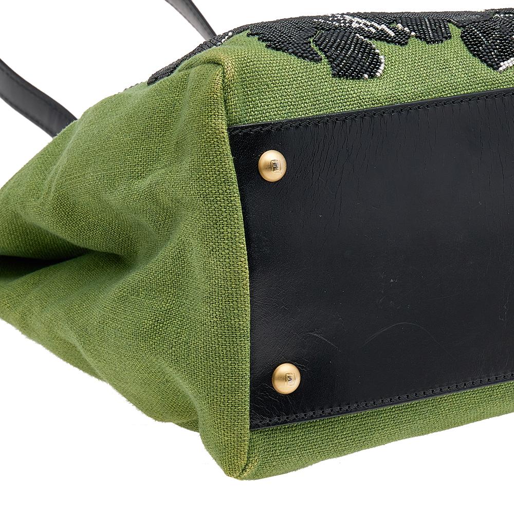 Fendi Green/Black Canvas and Leather Beaded Large Peekaboo Top Handle Bag 2