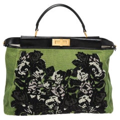 Fendi Green/Black Canvas and Leather Beaded Large Peekaboo Top Handle Bag