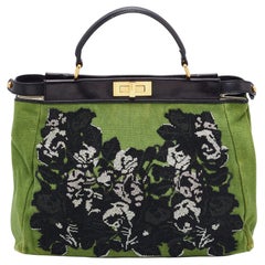 Fendi Green/Black Canvas and Leather, Beaded Large Peekaboo Top Handle Bag