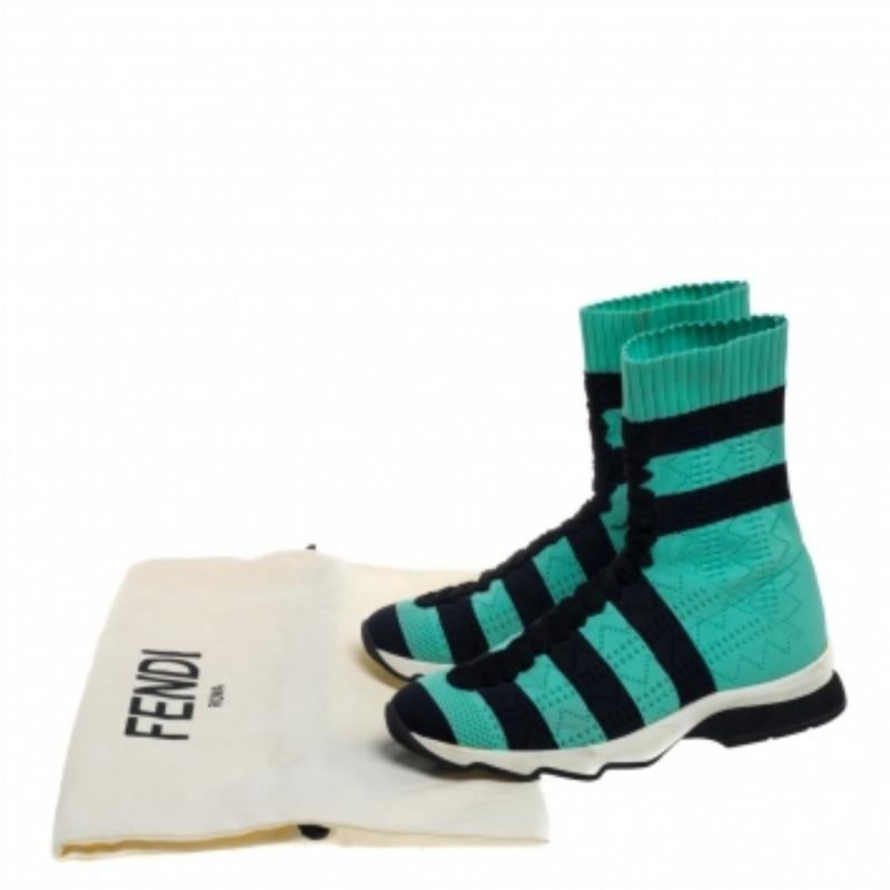 Fendi Green/Black Knit Fabric Striped Sock Sneakers Size 36 For Sale 5