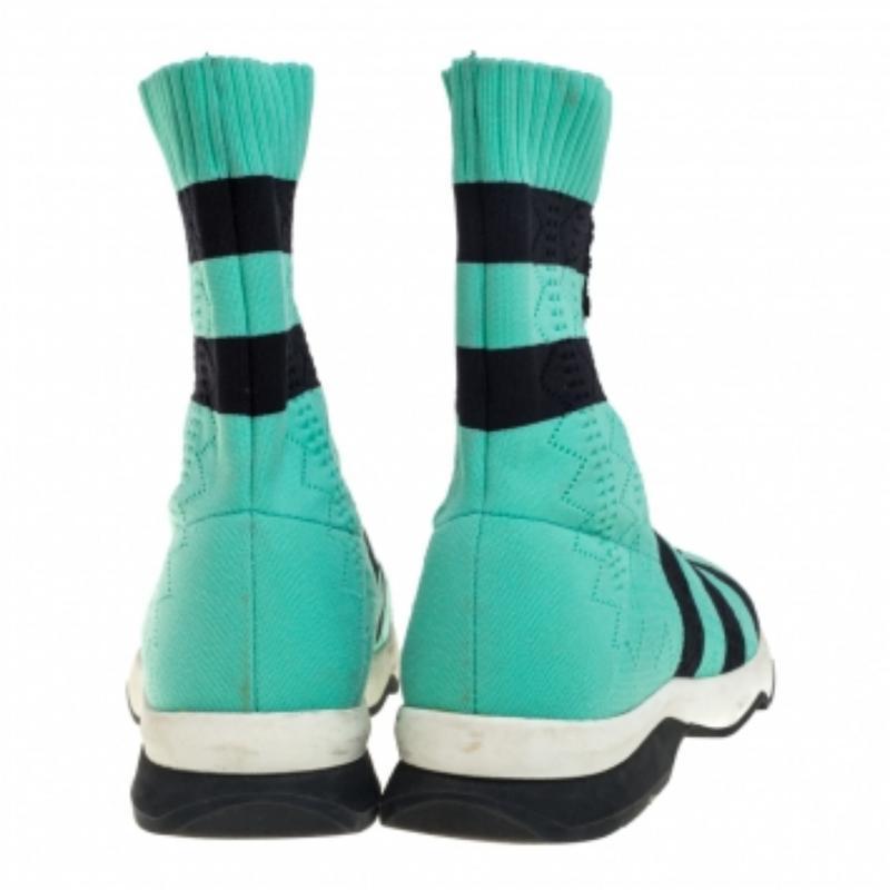 Blue Fendi Green/Black Knit Fabric Striped Sock Sneakers Size 36 For Sale