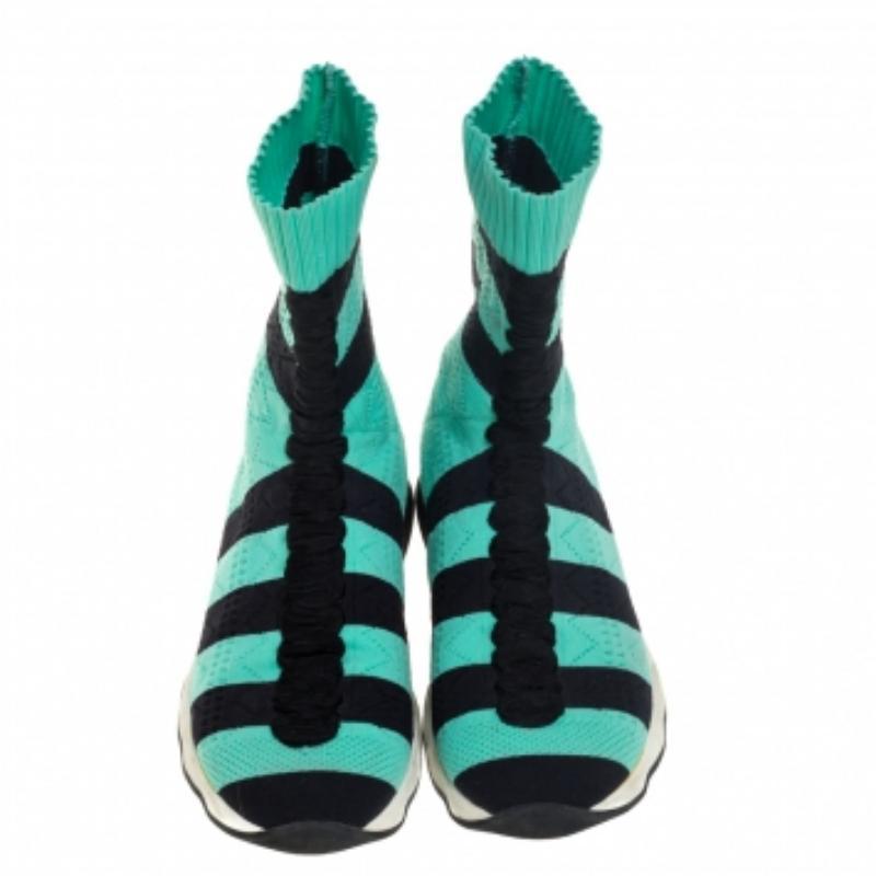 Fendi Green/Black Knit Fabric Striped Sock Sneakers Size 36 For Sale 2