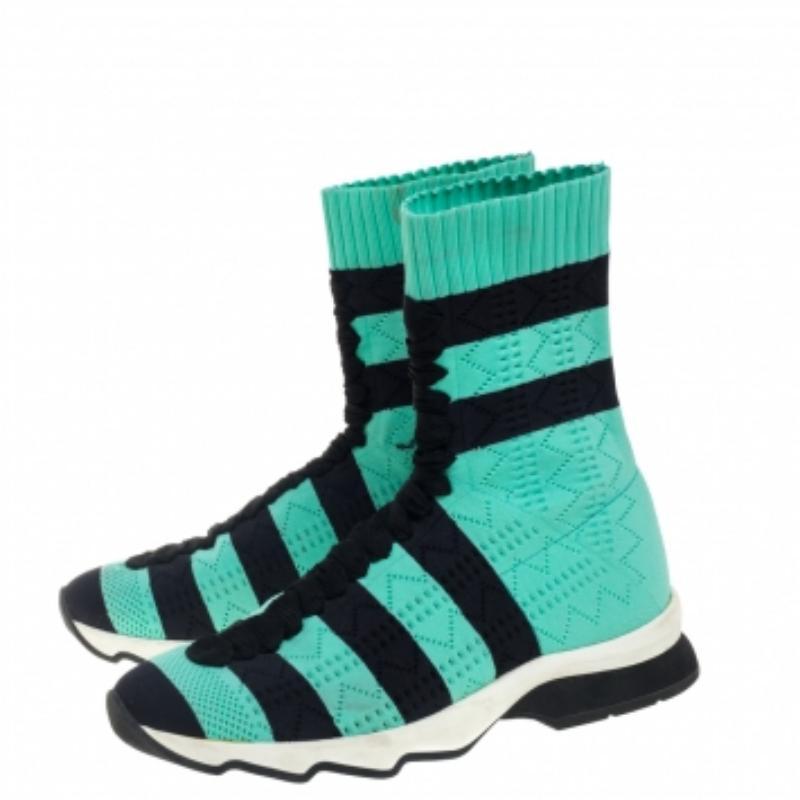 Fendi Green/Black Knit Fabric Striped Sock Sneakers Size 36 For Sale 4