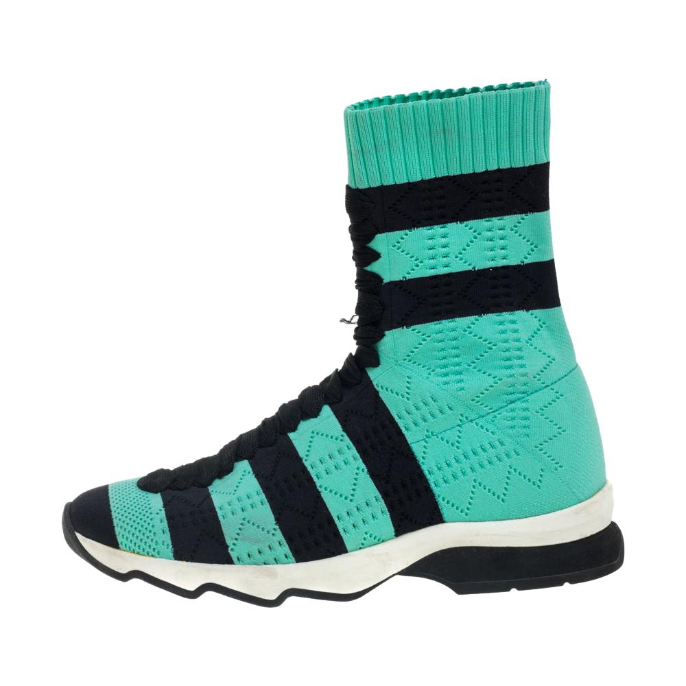 Fendi Green/Black Knit Fabric Striped Sock Sneakers Size 36