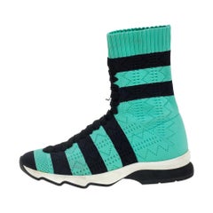 Used Fendi Green/Black Knit Fabric Striped Sock Sneakers Size 36