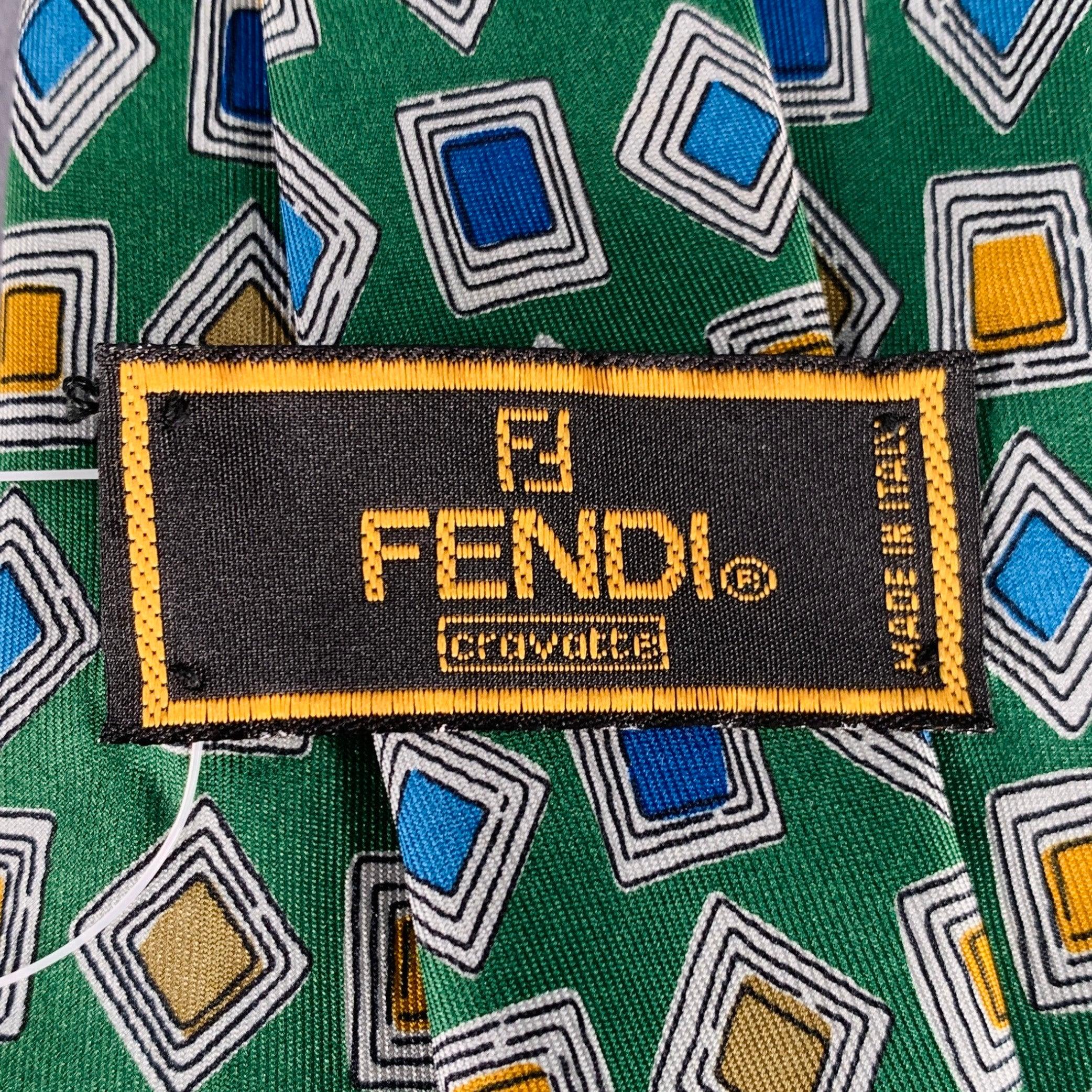 FENDI Green Blue Squares Silk Tie In Good Condition For Sale In San Francisco, CA