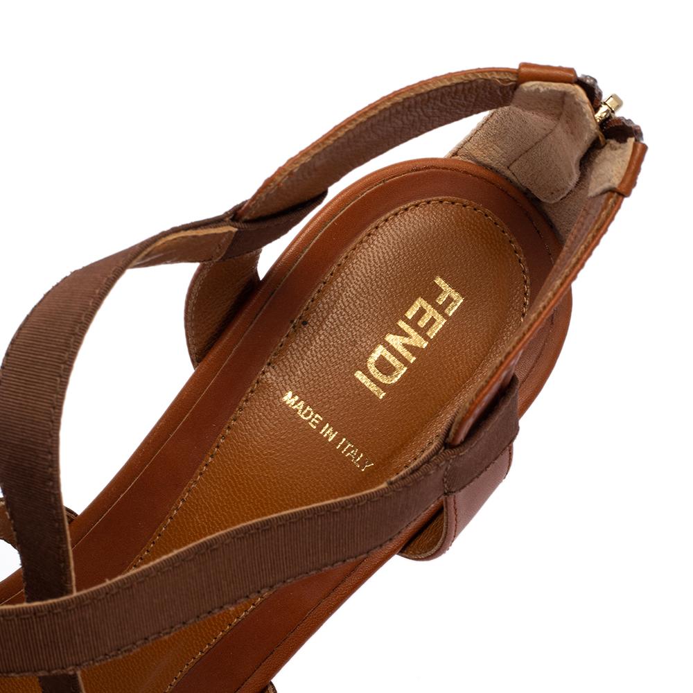 Fendi Green/Brown Leather and Fabric Criss Cross Wedge Sandals Size 42 In Good Condition In Dubai, Al Qouz 2