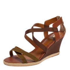 Fendi Green/Brown Leather and Fabric Criss Cross Wedge Sandals Size 42