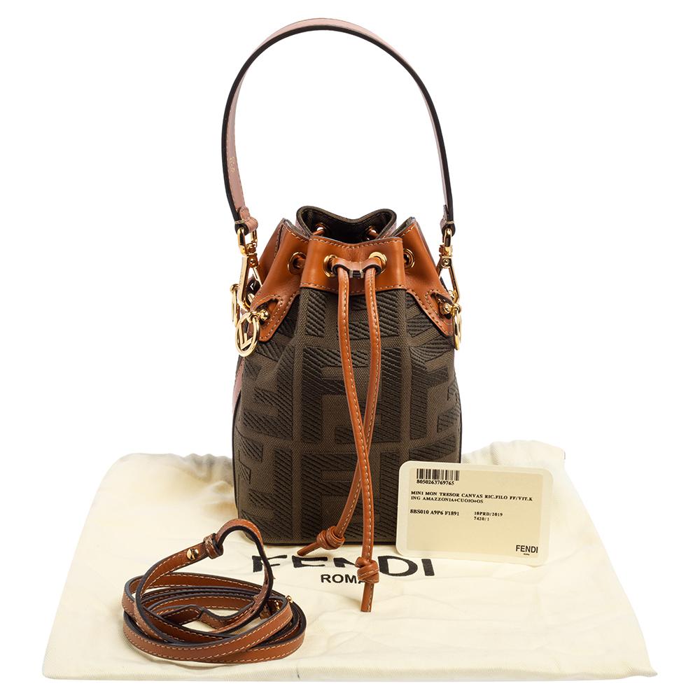 Fendi Green/Brown Zucca Canvas and Leather Mini Mon Tresor Drawstring Bucket Bag 6