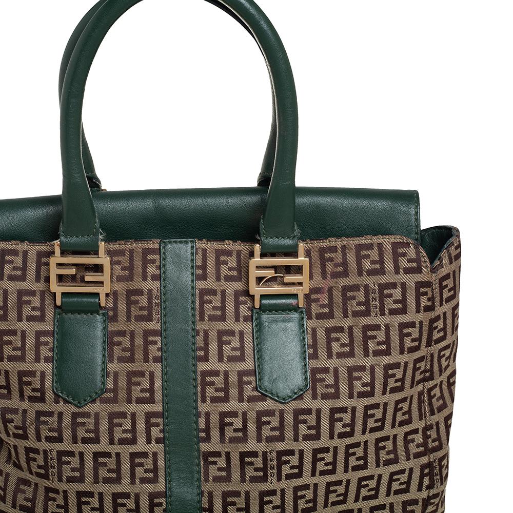Fendi Green/Brown Zucchino Canvas and Leather Tote 6