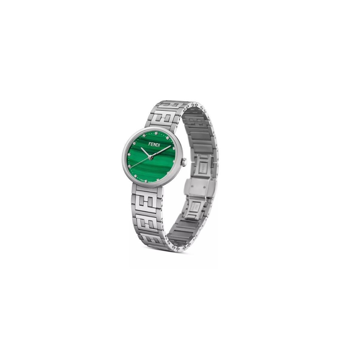 FENDI GREEN DIAL LADIES 29MM WATCH F102101901
Forever Fendi Collection.

-Stainless steel
-Movement: Quartz
-Case seize: 29 mm
-Green dial
-FF logo patter on the bracelet
-Water proof: 5ATM

Comes with Box & Papers
*Original Retail: $1,475