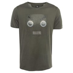 Fendi Grünes Baumwoll-T-Shirt mit Rundhalsausschnitt und verzierten Augen M