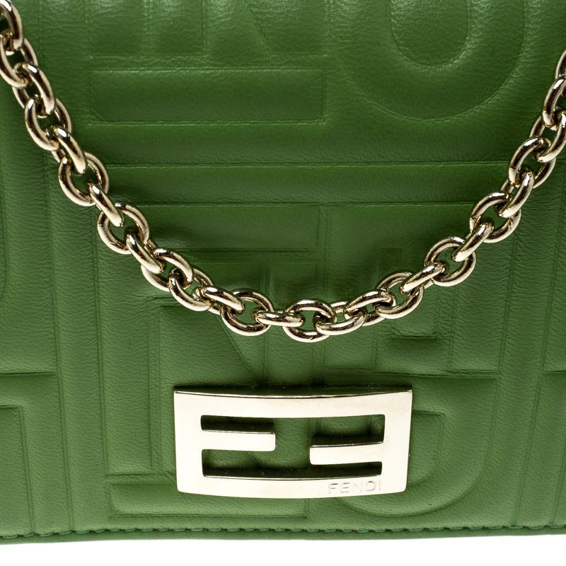 Fendi Green Embossed Leather Chain Wallet 6