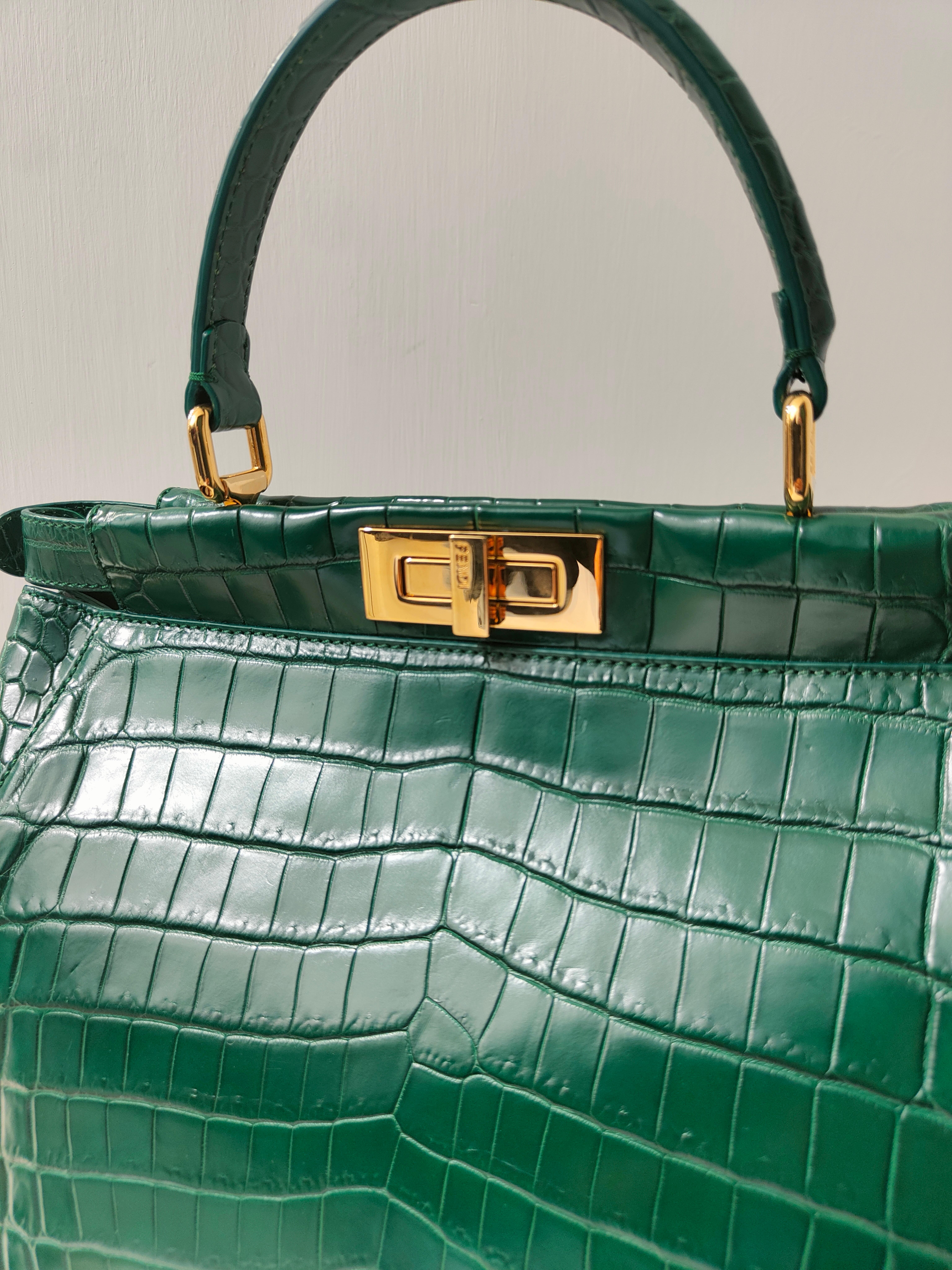 Green Fendi green Emerald croco leather Peekaboo shoulder bag / handle bag For Sale