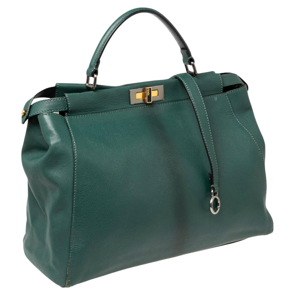 Fendi Green Leather Large Peekaboo Top Handle Bag 6
