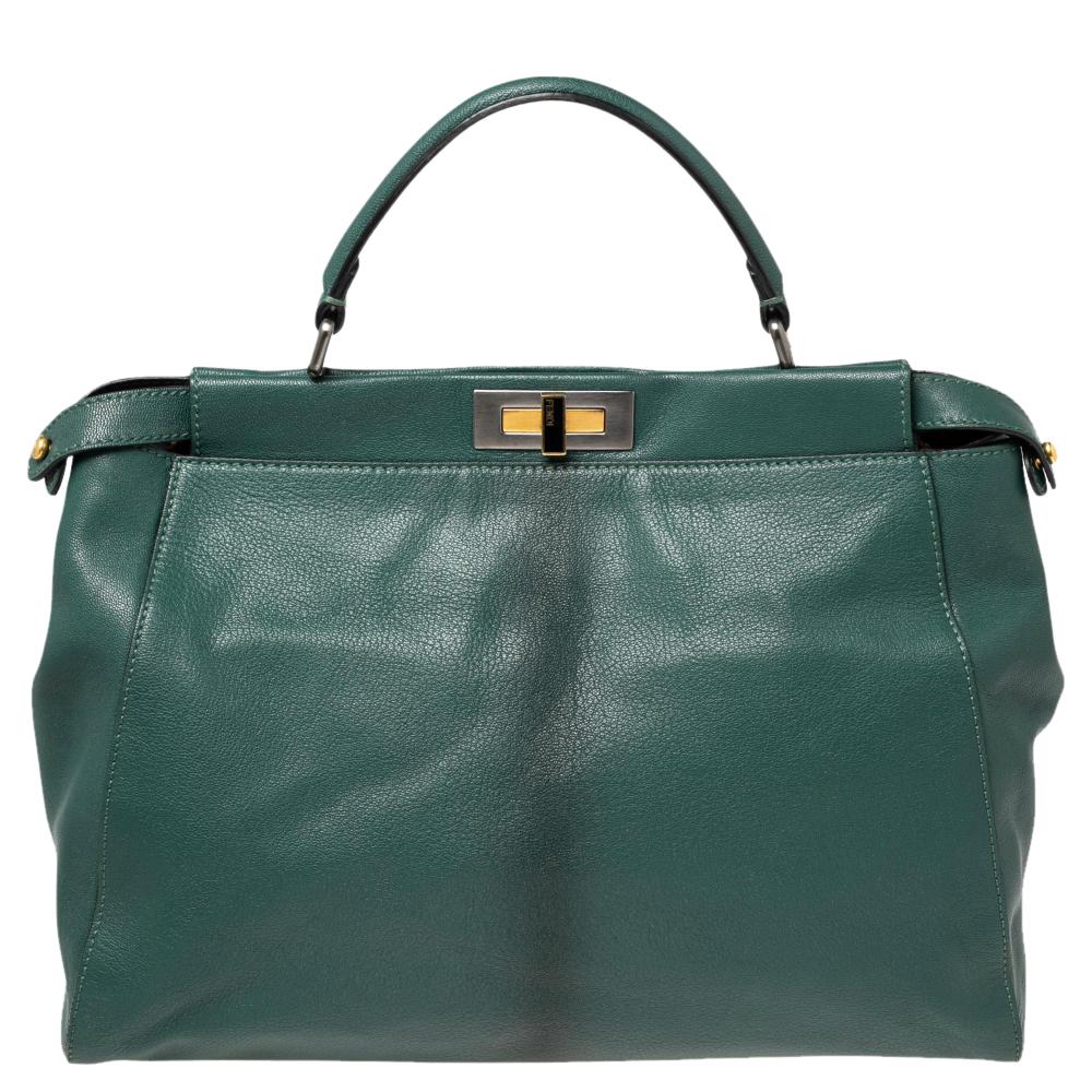 Fendi Green Leather Large Peekaboo Top Handle Bag 7