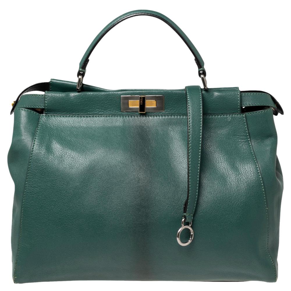 Fendi Green Leather Large Peekaboo Top Handle Bag 1