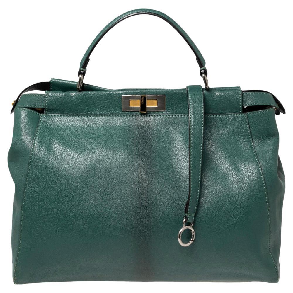 Fendi Green Leather Large Peekaboo Top Handle Bag