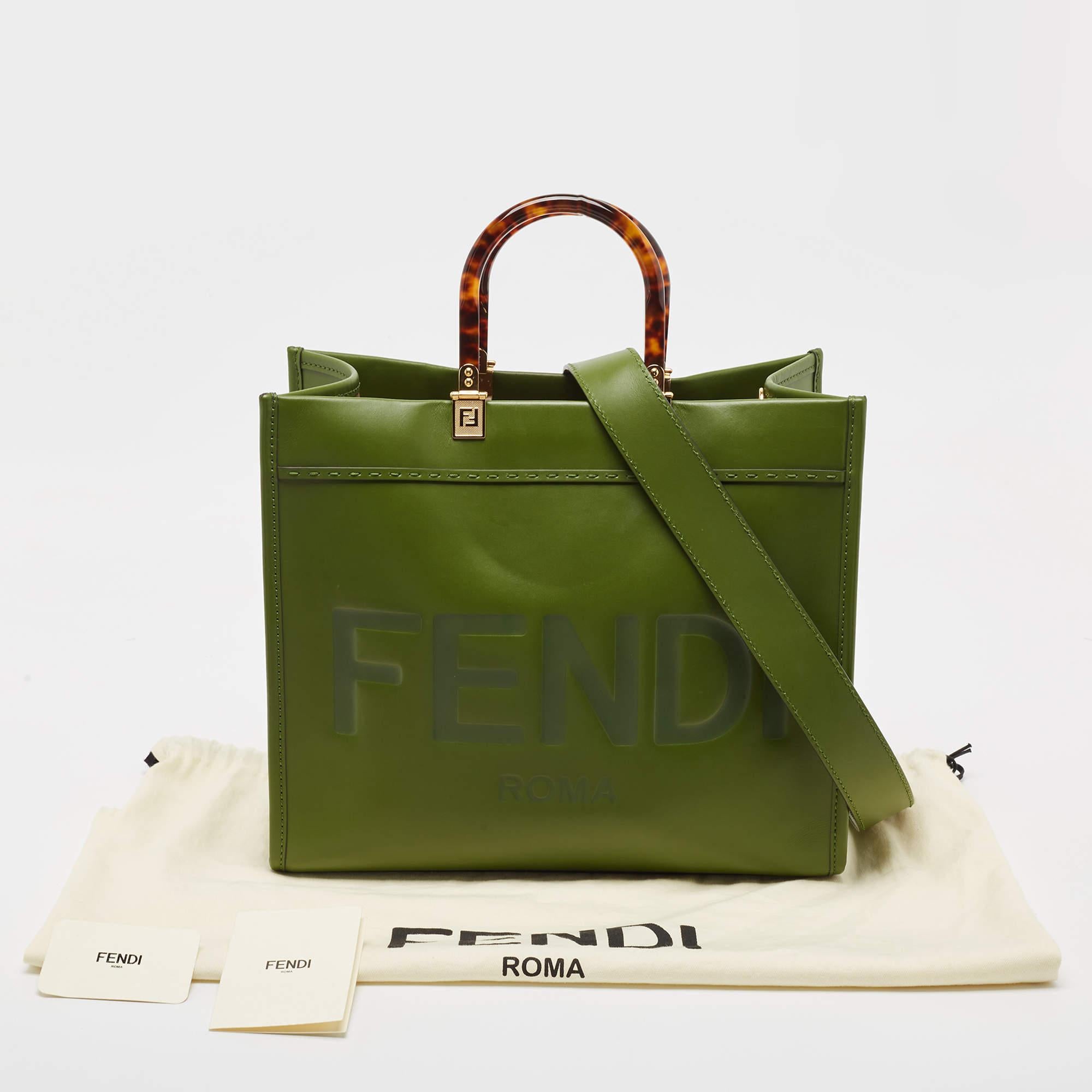 Fendi Green Leather Medium Sunshine Tote For Sale 9
