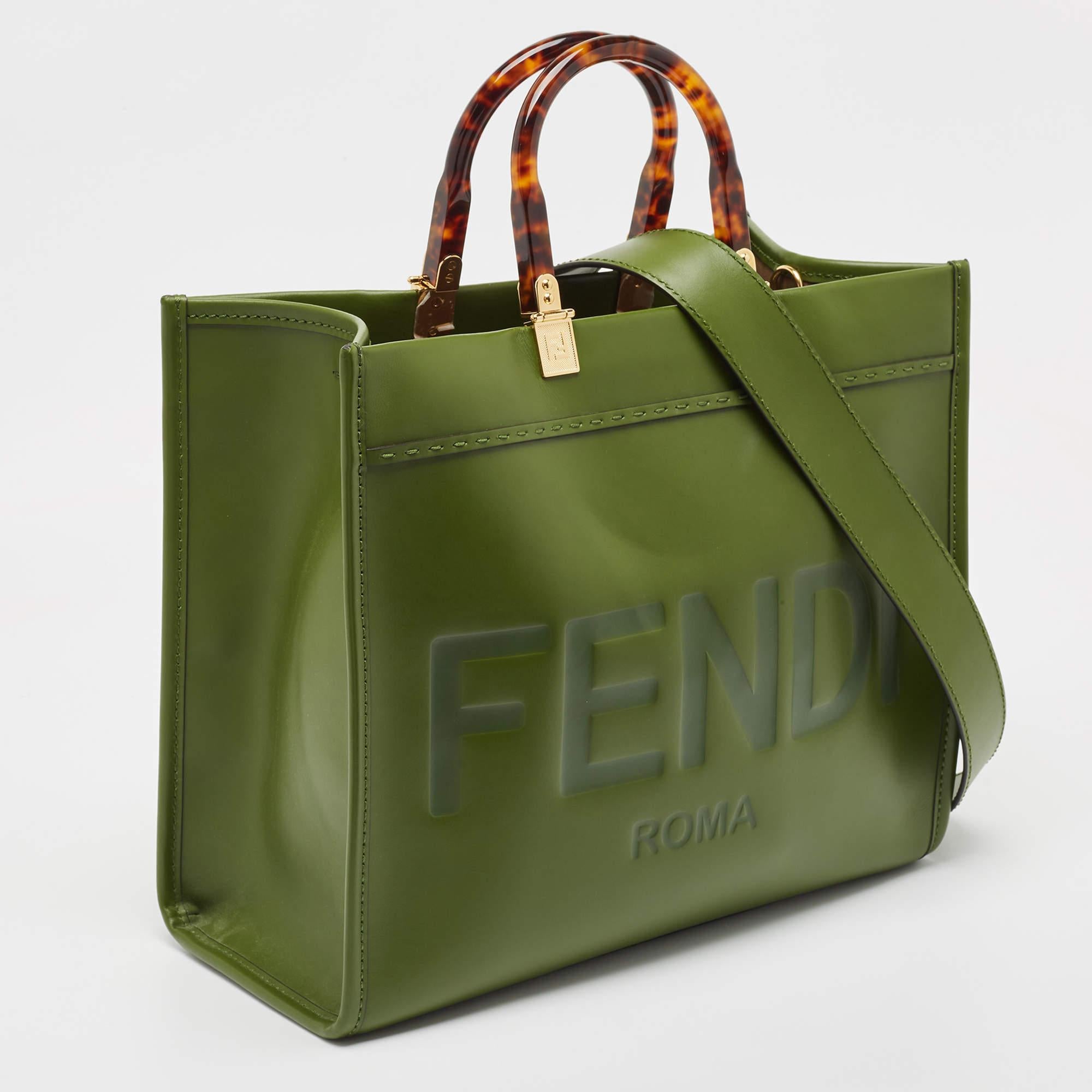 Fendi Green Leather Medium Sunshine Tote For Sale 10